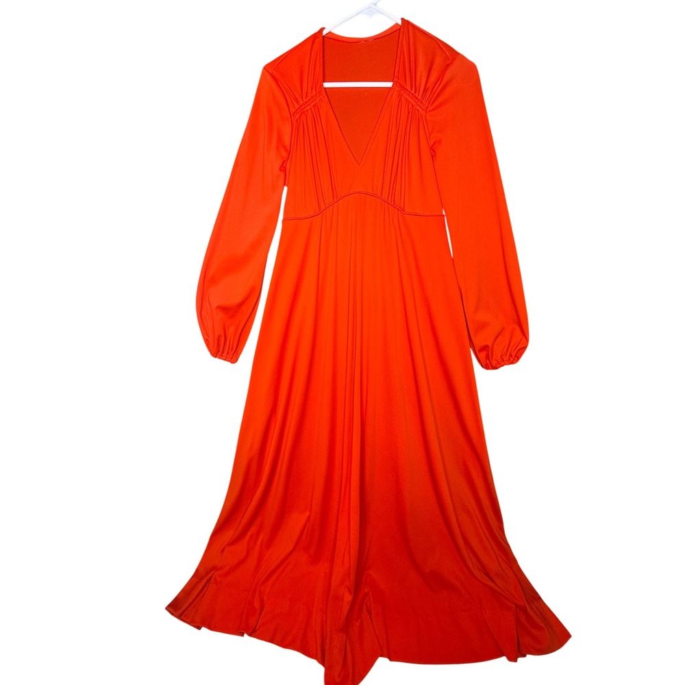 Vintage 70s Orange Empire Waist Maxi Dress V-Neck Long Sleeve Retro Gown